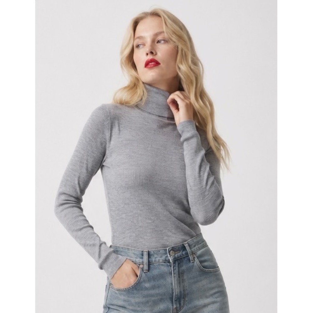 UNIQLO Women Gray 100% Extra Fine Merino Wool Ribbed Turtleneck Sweater XL NEW